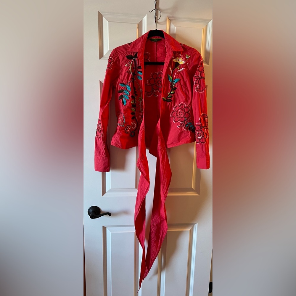 Oilily Red Embroidered Wrap Top with Multicolor Floral Accents - Picture 3 of 8